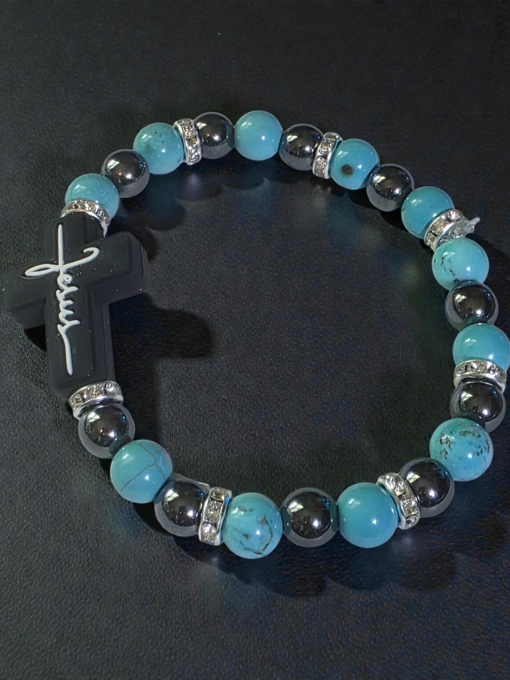 Turquoise Black Hematite Jesus Cross Beaded Bracelet